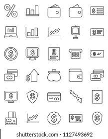 thin line vector icon set - presentation vector, dollar coin, graph, laptop, credit card, wallet, crisis, growth, check, receipt, medal, monitor, percent, shield