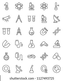 thin line vector icon set - thermometer vector, drawing compass, atom, telescope, microscope, magnet, flask, pills, oxygen, satellite antenna, vial, dna, drop counter, ovule