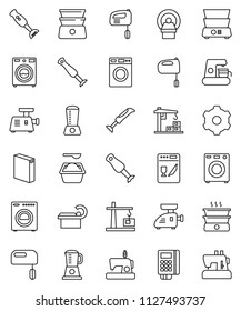 thin line vector icon set - washer vector, washing powder, mixer, double boiler, blender, tomography, gear, construction crane, card reader, dishwasher, coffee maker, meat grinder, sewing machine