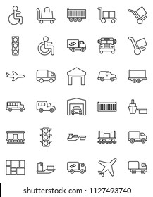 thin line vector icon set - school bus vector, Railway carriage, plane, traffic light, ship, truck trailer, sea container, delivery, car, port, consolidated cargo, warehouse, disabled, garage
