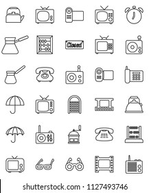 thin line vector icon set - washboard vector, kettle, hand mill, turk coffee, glasses, alarm clock, abacus, phone, umbrella, film frame, radio, tv, classic, closed, video camera