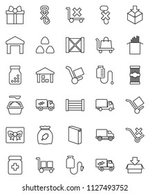 thin line vector icon set - washing powder vector, cereal, pasta, delivery, wood box, cargo, no trolley, hook, warehouse, package, pills bottle, drop counter, relocation truck, gift