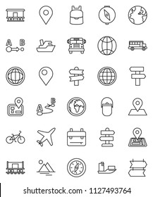 thin line vector icon set - camping cauldron vector, backpack, compass, school bus, world, bike, signpost, navigator, earth, map pin, Railway carriage, plane, ship, route, globe, mountain