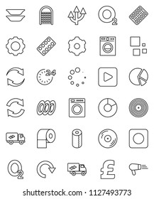thin line vector icon set - washboard vector, toilet paper, plates, pie graph, pound, oxygen, disk, play button, rec, pills blister, gear, refresh, redo, loading, route arrow, relocation truck