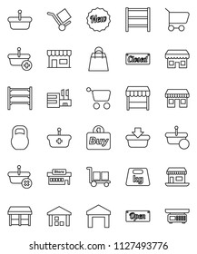 thin line vector icon set - office vector, cargo, warehouse, weight, shelving, new, open, closed, shopping bag, market, store, mall, buy, basket, cart, scales