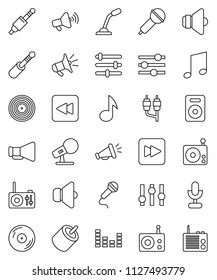 thin line vector icon set - music vector, disk, microphone, radio, speaker, loudspeaker, settings, equalizer, forward button, backward, rca, jack