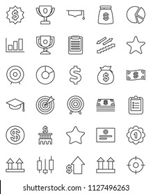 thin line vector icon set - graduate hat vector, clipboard, award cup, certificate, graph, pie, japanese candle, money bag, dollar growth, bank building, target, medal, sign, stairways run, top