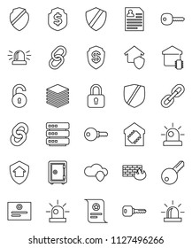 thin line vector icon set - certificate vector, personal information, dollar shield, safe, protected, link, cloud, big data, firewall, chain, unlock, key, siren, smart home, protect, lock, password