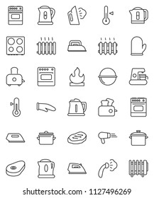 thin line vector icon set - iron vector, steaming, pan, camping cauldron, kettle, cook glove, toaster, oven, thermometer, steak, flammable, heating, coffee maker, hair dryer, heater