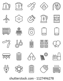 thin line vector icon set - kettle vector, atom, magnet, weight, hand trainer, boxing glove, gymnast rings, flammable, oil barrel, remote control, battery, rca, gear, solar panel, windmill, factory