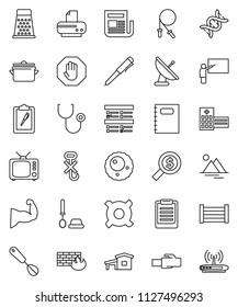 thin line vector icon set - toilet brush vector, pan, whisk, grater, copybook, blackboard, pen, clipboard, exam, money search, any currency, jump rope, muscule hand, wood box, no hook, newspaper, tv