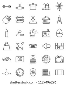 thin line vector icon set - welcome mat vector, cook timer, cookbook, drawing compass, table lamp, university, auction, clock, barbell, punching bag, pool, no fastfood, map pin, plane, dry, radio