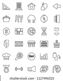 thin line vector icon set - welcome mat vector, pan, cook hat, corner ruler, schedule, compass, graph, bank building, money search, sand clock, dollar shield, barbell, swimsuite, medal, office, hub