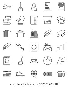 thin line vector icon set - water tap vector, scoop, sponge, towel, trash bin, washer, pan, measuring cup, oven, blender, pen, table lamp, pie graph, snickers, hoop, calendar, sorting, microphone