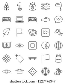 thin line vector icon set - cutting board vector, mixer, thermometer, backpack, notebook pc, world, flag, leaf, pie graph, money bag, target, monitor dollar, skateboard, cereals, hoop, dry cargo