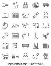thin line vector icon set - mop vector, drying clothes, meat hammer, school building, blackboard, bus, calendar, shorts, swimsuite, no fastfood, syringe, scissors, bench, user, key, garage, unlock