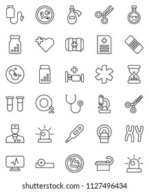thin line vector icon set - pills vial vector, heart cross, first aid kit, oxygen, ambulance star, doctor, thermometer, flask, pregnancy, scissors, sand clock, patch, stethoscope, bottle, eye hat