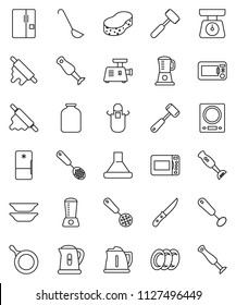 thin line vector icon set - sponge vector, plates, pan, kettle, scales, apron, whisk, skimmer, ladle, knife, rolling pin, meat hammer, blender, jar, fridge, grinder, hood, microwave oven, kitchen