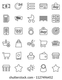 thin line vector icon set - cart vector, gift, credit card, wallet, cash, star, new, 24 hour, shopping bag, market, store, mall, support, target, buy, barcode, reader, basket, calculator, catalog