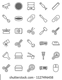thin line vector icon set - scraper vector, sponge, cook press, whisk, spatula, ladle, meat hammer, double boiler, sieve, ruler, telescope, scissors, first aid kit, crutches, attachment, coupon