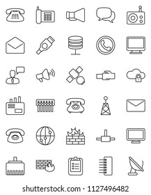 thin line vector icon set - clipboard vector, satellite, phone, radio, antenna, loudspeaker, internet, dialog, speaking man, classic, mail, hdmi, connect, network server, cloud lock, firewall, hub