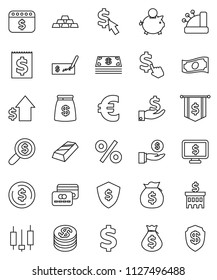 thin line vector icon set - dollar coin vector, gold ingot, japanese candle, cash, money bag, piggy bank, investment, growth, check, building, search, flag, shield, calendar, monitor, cursor