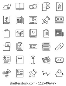 thin line vector icon set - toilet paper vector, book, copybook, pin, constellation, cash, annual report, receipt, clipboard, fitness mat, money, newspaper, thumbtack, mail, attachment, plan, gift