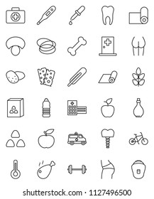 thin line vector icon set - oil vector, cereal, mushroom, potato, chicken leg, apple fruit, diet, barbell, bike, buttocks, water bottle, fitness mat, cereals, breads, first aid kit, bone, hoop