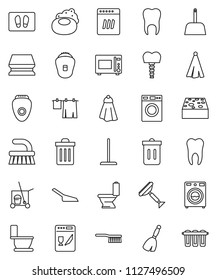 thin line vector icon set - soap vector, scraper, cleaner trolley, broom, fetlock, mop, scoop, sponge, towel, trash bin, welcome mat, toilet, drying clothes, washer, microwave oven, tooth, implant