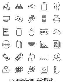 thin line vector icon set - washing powder vector, colander, cookbook, plates, jar, pasta, pencil, corner ruler, apple fruit, money search, hierarchy, buttocks, satellite, truck trailer, newspaper