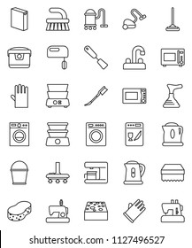 thin line vector icon set - plunger vector, vacuum cleaner, mop, bucket, sponge, car, washing powder, rubber glove, water tap, kettle, spatula, microwave oven, double boiler, washer, mixer