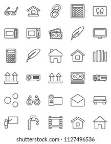 thin line vector icon set - welcome mat vector, microwave oven, pen, blackboard, glasses, calculator, money, top sign, film frame, monitor, link, mail, share, home, bench, water supply, fence