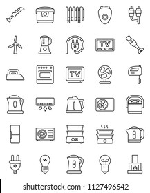thin line vector icon set - kettle vector, double boiler, blender, tv, rca, windmill, ari condition, fridge, power plug, iron, mixer, multi cooker, oven, epilator, air conditioner, fan, heater, bulb