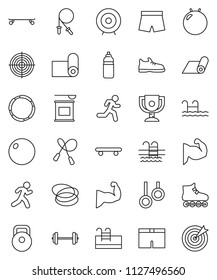 thin line vector icon set - award cup vector, target, barbell, weight, jump rope, fitball, muscule hand, snickers, shorts, roller Skates, skateboard, sports nutrition, water bottle, fitness mat, run