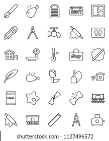 thin line vector icon set - water tap vector, splotch, welcome mat, washboard, rolling pin, thermometer, chicken leg, pen, pencil, ruler, drawing compass, Railway carriage, tulip, big scales, plan