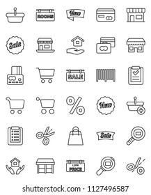 thin line vector icon set - house hold vector, cart, credit card, office, cargo search, sale signboard, rooms, low price, new, shopping bag, percent, market, store, barcode, basket, list, coupon