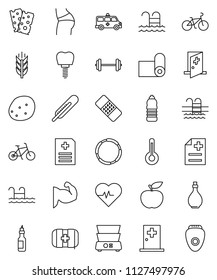 thin line vector icon set - oil vector, double boiler, potato, diet, barbell, heart pulse, bike, muscule hand, buttocks, water bottle, fitness mat, cereals, breads, pool, first aid kit, hoop, patch