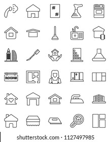thin line vector icon set - plunger vector, sponge, car fetlock, window cleaning, iron, steaming, shining, house hold, sink, cleaner woman, oven, dry cargo, warehouse, home, plan, rooms signboard