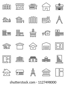 thin line vector icon set - university vector, school building, drawing compass, bank, stadium, dry cargo, hospital, home, cottage, chalet, barn, fence, plan, apartments, office, love, store, mall