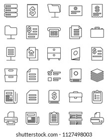 thin line vector icon set - case vector, clipboard, certificate, document, archive, exam, annual report, receipt, newspaper, network folder, big data, estate, catalog, printer