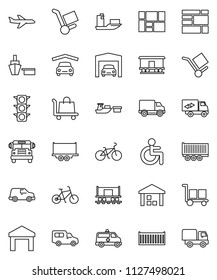 thin line vector icon set - school bus vector, bike, Railway carriage, plane, traffic light, ship, truck trailer, sea container, delivery, car, port, consolidated cargo, warehouse, disabled, garage