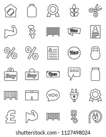 thin line vector icon set - jar vector, medal, personal information, pound, muscule hand, shorts, cereals, no hook, weight, barcode, message, smart home, new, open, percent, buy, coupon, power plug