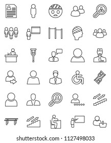 thin line vector icon set - blackboard vector, student, man, personal information, horizontal bar, stairways run, client, speaking, group, disabled, crutches, head bandage, doctor, user, login