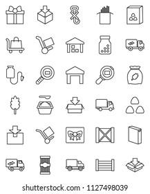thin line vector icon set - washing powder vector, cereal, pasta, delivery, wood box, cargo, no hook, warehouse, package, search, pills bottle, drop counter, relocation truck, gift, trolley