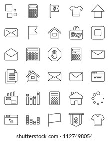 thin line vector icon set - calculator vector, flag, arrow up, dollar, document, equalizer, mail, stop button, browser, home, loading, house, buy, clothes