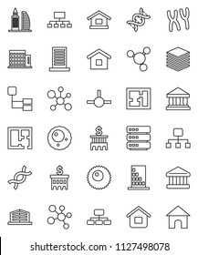 thin line vector icon set - molecule vector, bank, building, hierarchy, dna, chromosomes, ovule, connect, big data, plan, apartments, office, home