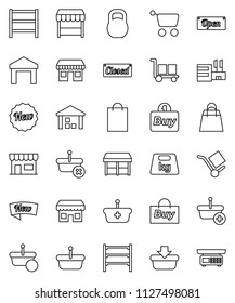 thin line vector icon set - office vector, cargo, warehouse, weight, shelving, new, open, closed, shopping bag, market, store, mall, buy, basket, cart, scales