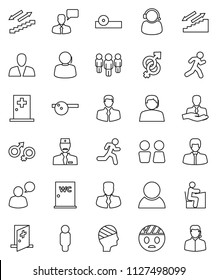 thin line vector icon set - water closet vector, student, manager, man, stairways run, support, client, speaking, gender sign, eye doctor hat, head bandage, medical room, consumer