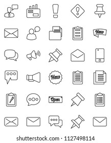 thin line vector icon set - paper pin vector, clipboard, document, loudspeaker, mobile phone, dialog, speaking man, thumbtack, mail, message, attention sign, new, open