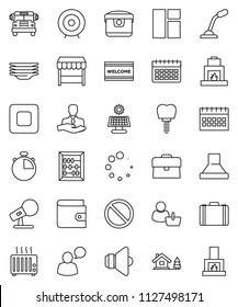 thin line vector icon set - welcome mat vector, plates, school bus, abacus, wallet, case, target, calendar, stopwatch, prohibition sign, client, microphone, speaker, speaking man, stop button, hood